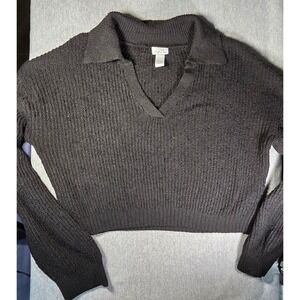 Rue21 Womens Large Black Cropped Collar V-Neck Knit Sweater Long Sleeve Polo